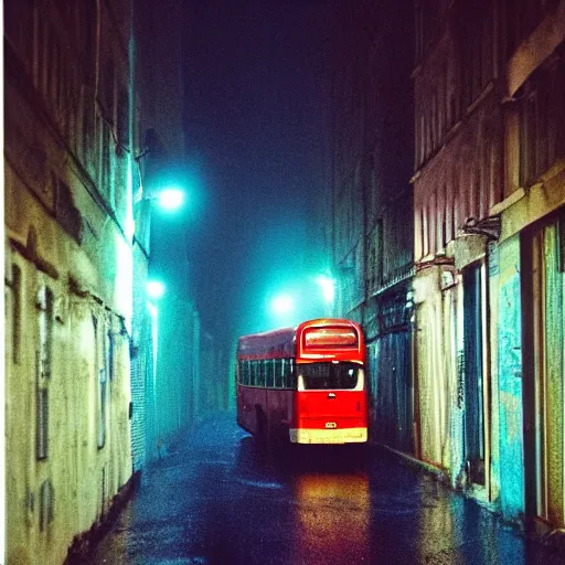 Image similar to 1990s perfect 8K HD professional cinematic photo of a bus in dystopian alleyway, at evening during rain, at instagram, Behance, Adobe Lightroom, with instagram filters, depth of field, taken with polaroid kodak portra