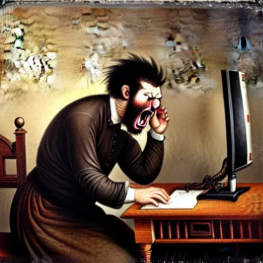 Image similar to an angry man yells at his computer monitor, oil on canvas, 1 8 8 3, highly detailed