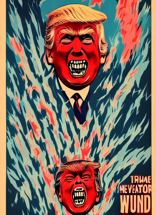Prompt: Donald Trump's true form on a 1960s horror movie poster , vintage 60s print, detailed, scary, horror, screen print, trending on artstation