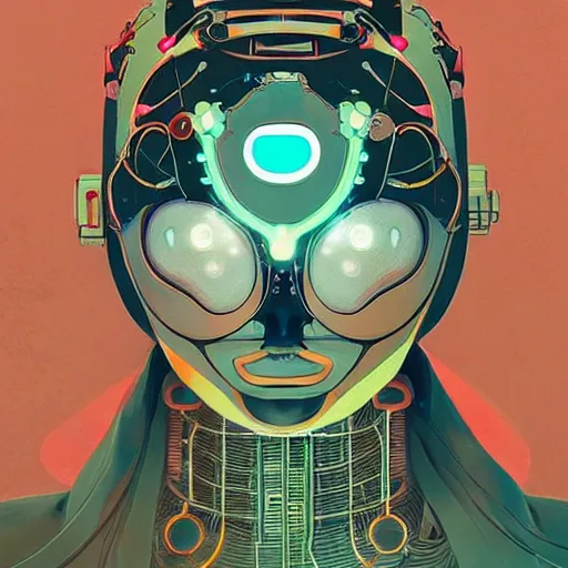 Prompt: a cybernetic mannequin by victo ngai and jakub rebelka and conrad roset and takashi murakami, trending on artstation