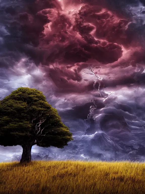 Image similar to photo of 8k ultra realistic lone dead tree on hill surrounded by swirling clouds and lighting, dark, menacing, full of colour, cinematic lighting, battered, trending on artstation, 4k, hyperrealistic, focused, extreme details,unreal engine 5, cinematic, masterpiece, art by Studio Ghibli