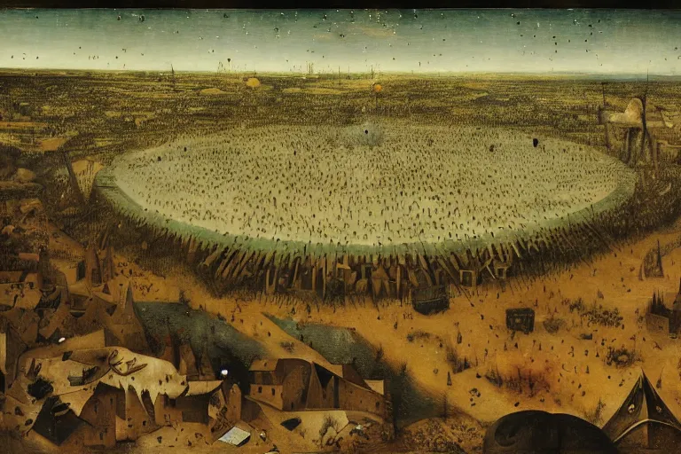 Image similar to a monstrous shooting star that is about to destroy the earth and the whole universe, by pieter bruegel,