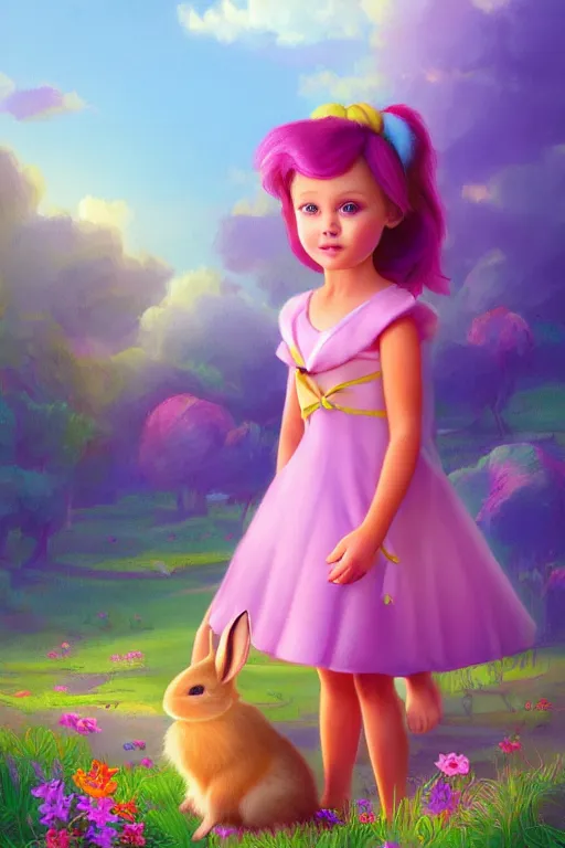 Image similar to matte sharp painting cute little girl and rabbit landscape painted by mark rydel artstation behance storybook lisa frank