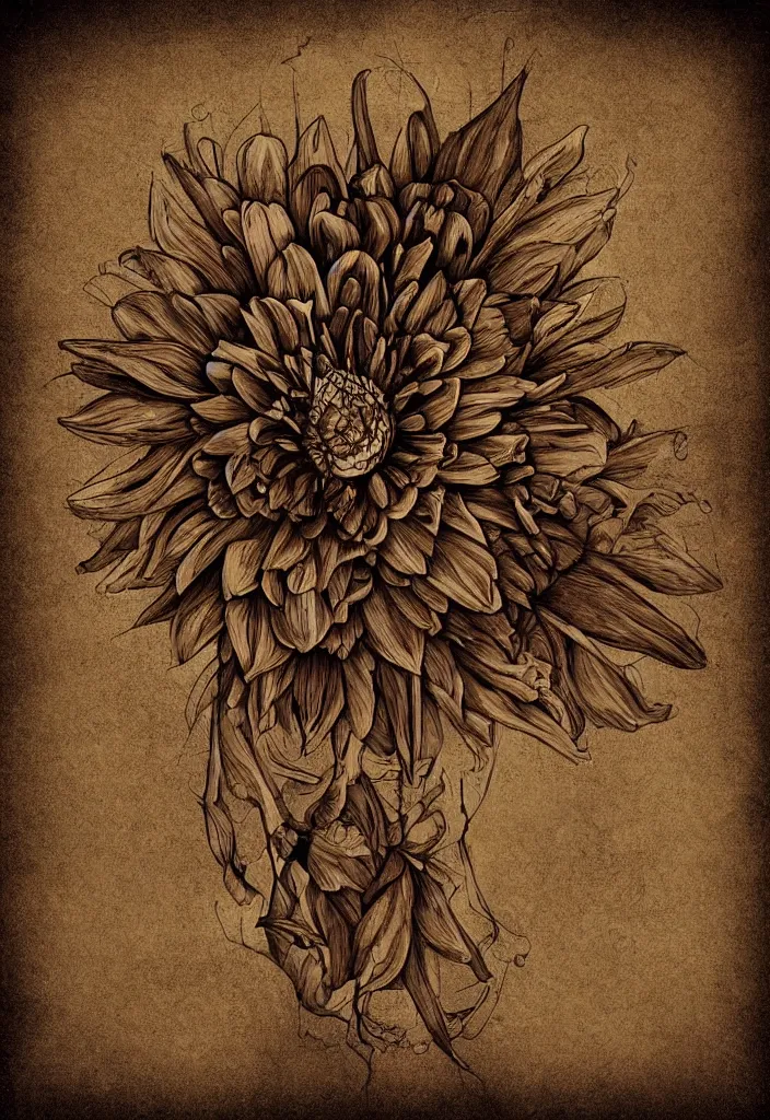 Image similar to a eeire flower skeleton, artistic, brown background, digital art.