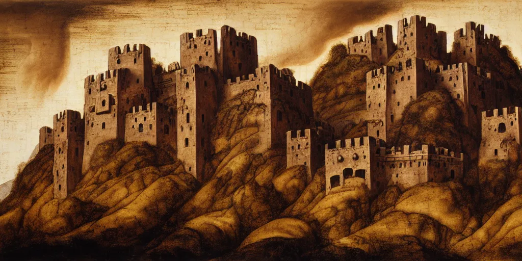 Prompt: matte oil painting of a dwarven fortress at the edge of a mountain range, by leonardo da vinci, mountainhomes, hillocks, smelters, forges, mounds, dwarven citizens, capital site, chiseled architecture, ornate, extremely detailed, sharp focus