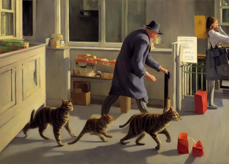 Prompt: a brownish gray tabby cat walking on its hind legs like a human shopping at costco, american realism style, edward hopper, george bellows, bo bartlett, jamie wyeth