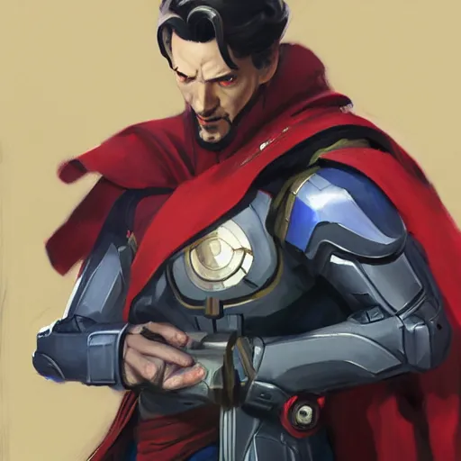 Image similar to greg manchess portrait painting of armored doctor strange as overwatch character, totally whack, medium shot, asymmetrical, profile picture, organic painting, sunny day, matte painting, bold shapes, hard edges, street art, trending on artstation, by huang guangjian and gil elvgren and sachin teng