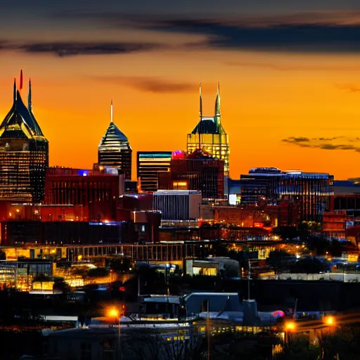 Prompt: city of nashville, tn skyline, neon outline, silhouette, panoramic, high detail, elegant