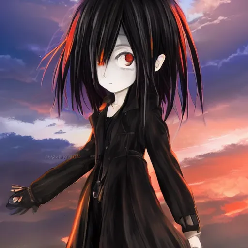Prompt: 1 7 - year - old anime goth girl, black hair, long bob cut, long bangs, gothic coat, golden hour, partly cloudy sky, red clouds, orange sky, old town, futuristic old town, strong lighting, strong shadows, vivid hues, ultra - realistic, sharp details, subsurface scattering, intricate details, hd anime, 2 0 1 9 anime