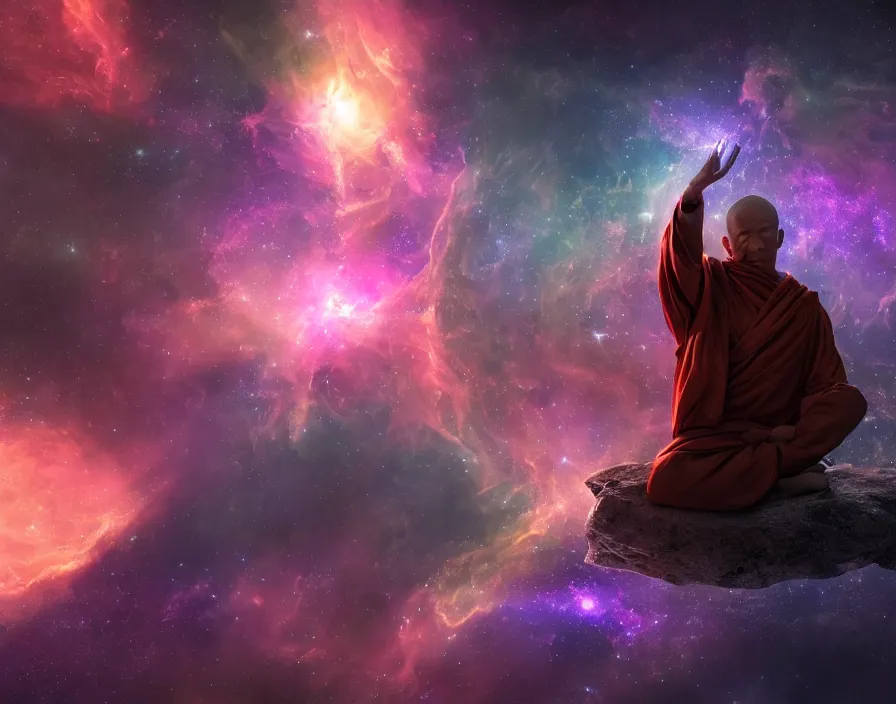 Prompt: energized meditating half visible monk in space, nebula, stars, realistic, beautiful texture, beautiful graphics, fantasy artwork, very beautiful scenery, hd, hdr, ue 5, ue 6, unreal engine 5, cinematic 4 k wallpaper, 8 k, ultra detailed