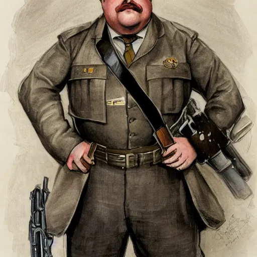 Image similar to gk chesterton as a buff mercenary in military gear. portrait by james gurney.