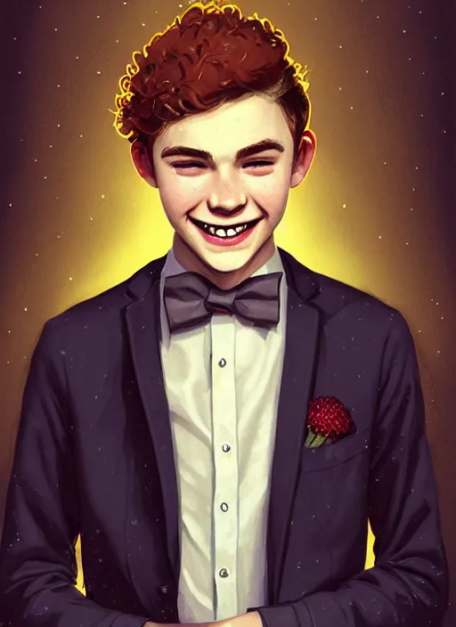 Image similar to portrait of teenage archie andrews, freckles, curly middle part haircut, curly hair, middle part hairstyle, smiling kindly, wearing a bowtie and sweater vest, intricate, elegant, glowing lights, highly detailed, digital painting, artstation, concept art, smooth, sharp focus, illustration, art by wlop, mars ravelo and greg rutkowski