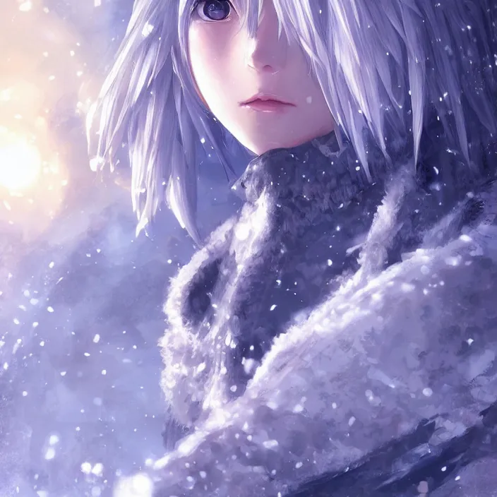 Prompt: anime portrait of an ice princess female protagonist in a final fantasy game, surrounded by snow, atmospheric realistic lighting, extremely detailed, trending on pivix fanbox, art by ross tran, akihiko yoshida.