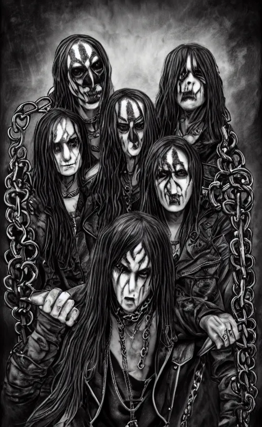 Image similar to black metal group, chain, group photo, punk art, weapon, drugs, flex box position, electric guitar, long hair, make up, fiction, stability, intricate, elegant, 8 k, uhd, justify, artstation, concept art, matte, sharp focus, illustration, consistent, highly detailed object content, proportional object content