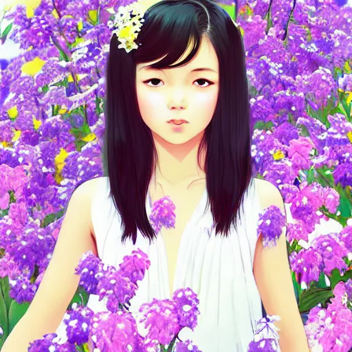 Prompt: little thai girl with flowers in hair wearing an white dress. art by ilya kuvshinov, profile picture, inspired in hirohiko araki, realistic, highly detailed, 8 0 s anime art style, vogue cover