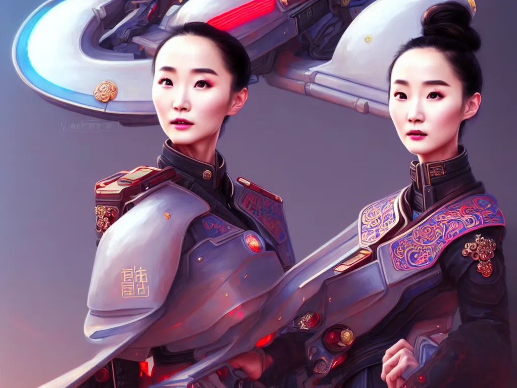 Image similar to portrait yang mi, futuristic china police uniform female, at future neon light rooftop, ssci - fi and fantasy, intricate and very very beautiful and elegant, highly detailed, digital painting, artstation, concept art, smooth and sharp focus, illustration, art by tan zi and ayanamikodon and alphonse mucha and wlop