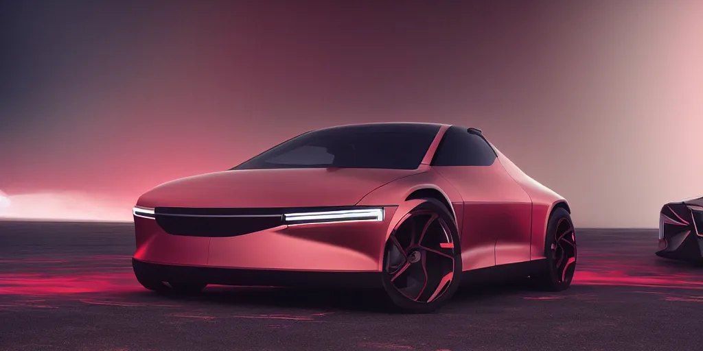 Image similar to a design of a futuristic car, designed by Polestar and DMC, vaporwave sunrise background, brushed red copper car paint, black windows, dark show room, dramatic lighting, hyper realistic render, depth of field