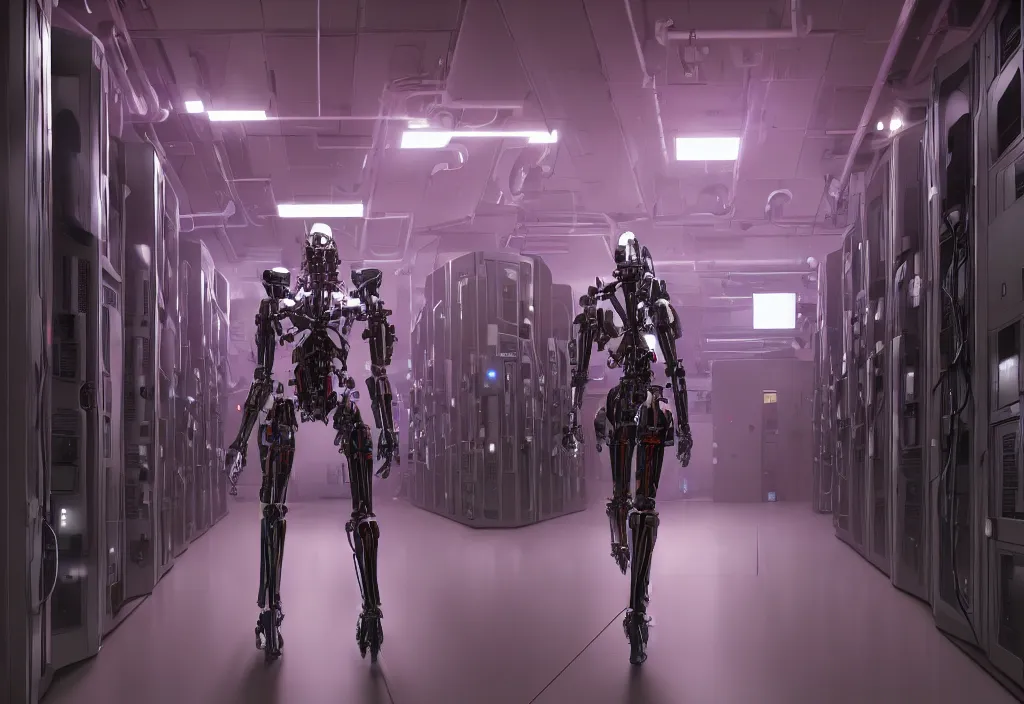 Image similar to shot of film, human like a mech, full body, in detailed server room, in data center, character design, symmetrical, vivid color, complementary color, detailed, sharp lines, trending on artstation, volumetric lighting, dramatic lighting by yoichi hatakenaka, violet, by masamune shirow, by josan gonzales, octane render 8 k