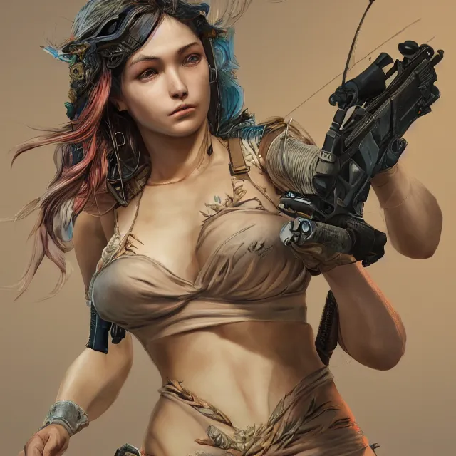 Image similar to the portrait of lawful neutral semi - colorful female infantry gunner as absurdly beautiful, gorgeous, elegant, young swimsuit model, an ultrafine hyperdetailed illustration by kim jung gi, irakli nadar, intricate linework, bright colors, octopath traveler, final fantasy, unreal engine 5 highly rendered, global illumination, radiant light, detailed and intricate environment