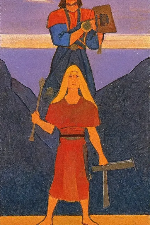 Image similar to thor holding the hammer, marvel, artwork by nicholas roerich,