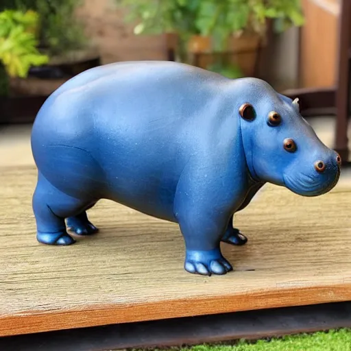 Prompt: a small hippo statue with natural wood belly and polished blue back