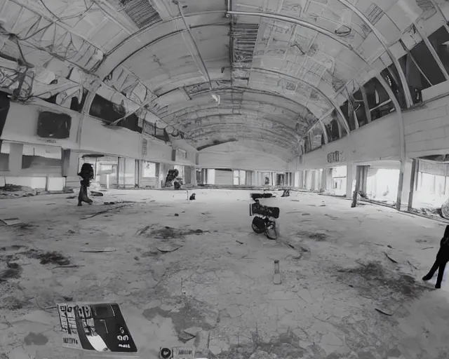 Image similar to camera footage of a Darpa Robot hunting in an abandoned shopping mall, high exposure, dark, monochrome, camera, grainy, CCTV, security camera footage, timestamp, zoomed in, fish-eye lense, Robot, Drone, Intense, Darpa,