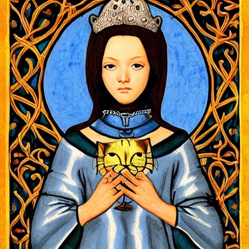 Image similar to a medieval portrait masterpiece of a cute and pretty catgirl, highly detailed and symmetrical, beautiful composition and lightning, gorgeous colour palette