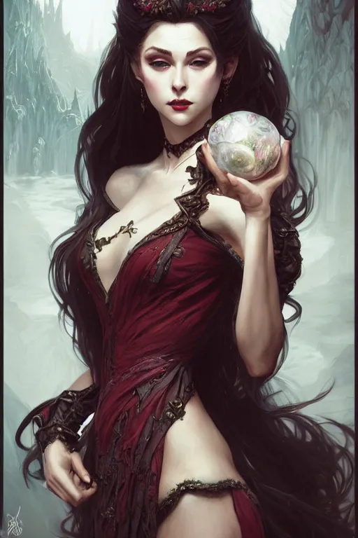 Image similar to beautiful vampire female princess, full body shot, messy bun, d & d, fantasy, intricate, elegant, highly detailed, digital painting, artstation, concept art, matte, sharp focus, illustration, hearthstone, art by artgerm and greg rutkowski and alphonse mucha