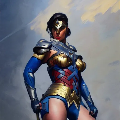 Image similar to greg manchess portrait painting of armored wonderwoman as overwatch character, medium shot, asymmetrical, profile picture, organic painting, sunny day, matte painting, bold shapes, hard edges, street art, trending on artstation, by huang guangjian and gil elvgren and sachin teng