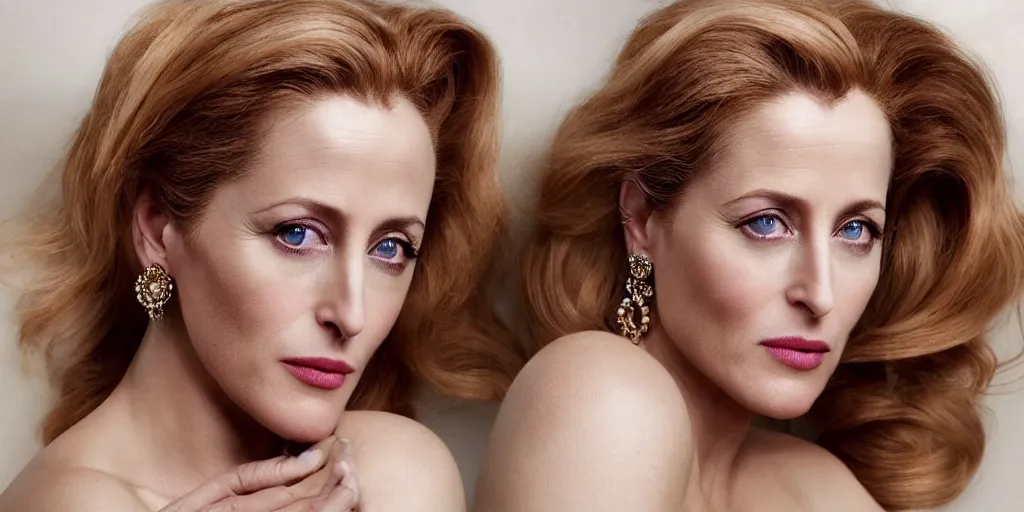 Image similar to gorgeously dreamlike beautiful face Gillian Anderson, hair updo, balayage, natural make-up, luxurious ornate golden jewelry, earrings, low cut dress, dynamic lighting, award winning photo shoot, intricately detailed, glimmering, shining, photo realistic, cinematic, volumetric lighting, fashion portrait, 8K UHD