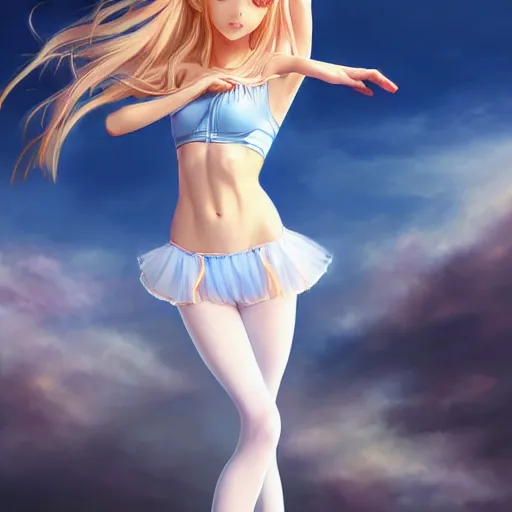 Image similar to a very beautiful young mature anime ballet girl, full body, long wavy blond hair, sky blue eyes, full round face, short smile, bikini, miniskirt, highly detailed, cinematic wallpaper by stanley artgerm lau