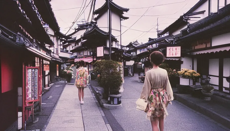 Image similar to 1 9 9 0 s candid 3 5 mm photo of a beautiful day in the a dreamy street in takayama japan mixed with details from tokyo and paris, cinematic lighting, cinematic look, golden hour, the clouds are epic and colorful with cinematic rays of light, a girl walks down the center of the street in a gucci dress, photographed by petra collins, uhd