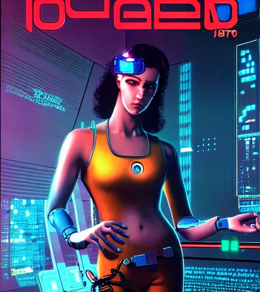 Image similar to cable inserted into head, jacked into cyberdeck wrist terminal, very very beautiful cyberpunk woman, computer, 1 9 7 9 omni magazine cover, style by vincent di fate, cyberpunk 2 0 7 7, very coherent, detailed, 4 k resolution, unreal engine, daz