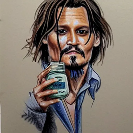 Prompt: Courtroom Sketch of Johnny Depp holding up a jar of brown blobs
