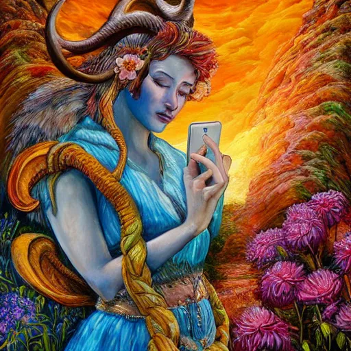 Prompt: acrylic on canvas painting by senior concept artist josephine wall, horned ram goddess checking her cell phone, erupting volcano and sunset in distance, flowers in foreground, trending on artstation, intricately detailed, highly detailed, high resolution, hdr, 8 k