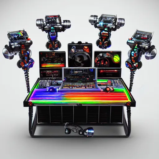 Prompt: album art, text : roborock, 3 steampunk spaced out robots on a dj desk with a cd mixer, 8 k, flourescent colors, halluzinogenic, multicolored, exaggerated detailed, front shot, 3 d render, octane