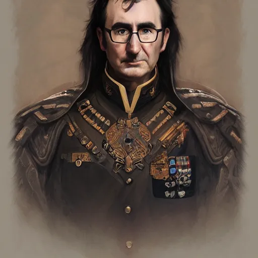 Image similar to portrait of stoic looking john oliver as the vigo carpathian painting, military uniform, fantasy, intricate, elegant, highly detailed, centered, dark, smokey, digital painting, artstation, concept art, smooth, sharp focus, illustration, art by artgerm and greg rutkowski and alphonse mucha