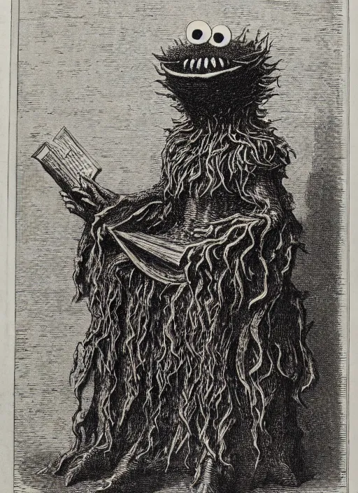 Image similar to cookie monster sitting on a throne, demon from the dictionarre infernal, etching by louis le breton, 1 8 6 9, 1 2 0 0 dpi scan, ultrasharp detail, clean scan