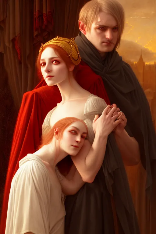 Prompt: a portrait of Satan As A Demon and his beautiful wife, white eyes, bored, illustration, soft lighting, soft details, painting oil on canvas by Edmund Blair Leighton and Charlie Bowater octane render, HDR, trending on artstation, 4k, 8k, HD