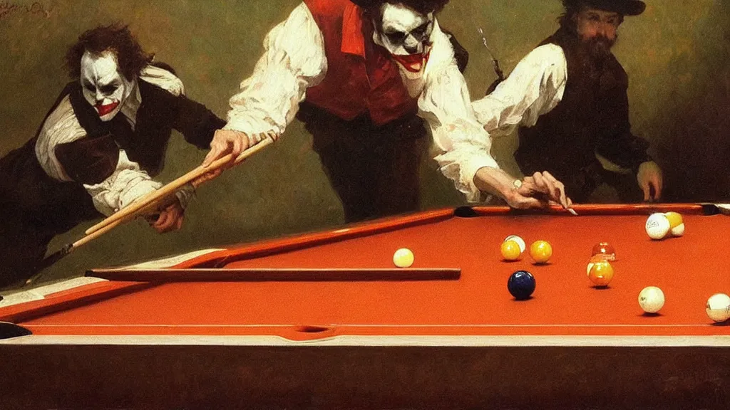 Image similar to high quality high detail painting by ilya repin, the joker playing pool hd