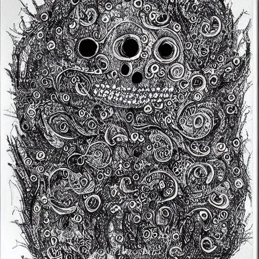 Image similar to sketched ghost made entirely of tiny ghosts, black and white sketch, highly intricate, tiny details, white background, 8 k, maximalist, extremely detailed