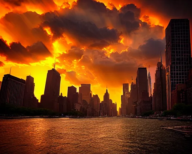 Image similar to photography by marc adamus, new york city manhattanhenge, sunset, dramatic lighting, clouds, beautiful