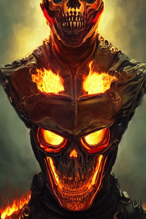 Image similar to Portrait of Ryan Gosling as Ghost Rider, half human face and half flame skull, marvel, dark, intricate, highly detailed, smooth, artstation, digital illustration by Ruan Jia and Mandy Jurgens and Artgerm and Wayne Barlowe and Greg Rutkowski and Zdislav Beksinski