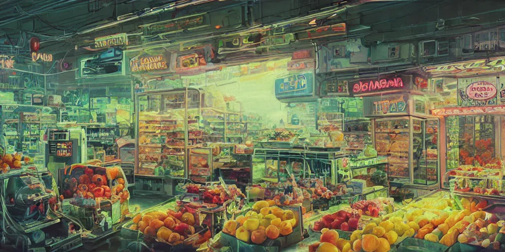 Image similar to fruit store, 1 9 8 0, retrofuturism, cluttered, wires everywhere, window, at night, dramatic lighting, alien technology, detailed by simon stalenhag