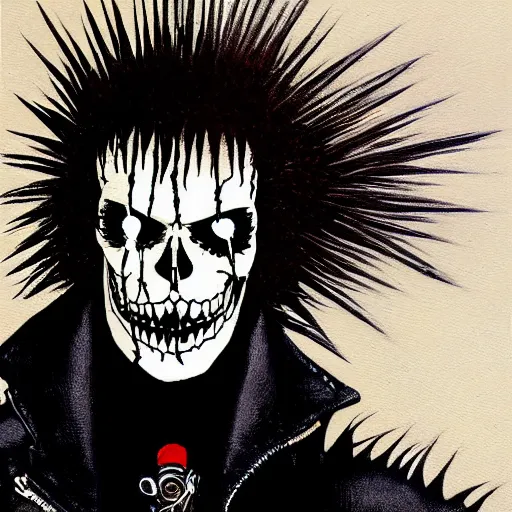 Image similar to a portrait of the grim reaper as a punk rocker, punk, skeleton face, mohawk, dark, fantasy, leather jackets, spiked collars, spiked wristbands, piercings, boots, electric guitars, motorcycles, ultrafine detailed painting by frank frazetta and vito acconci and virgil finlay and takeshi obata, death note style, detailed painting