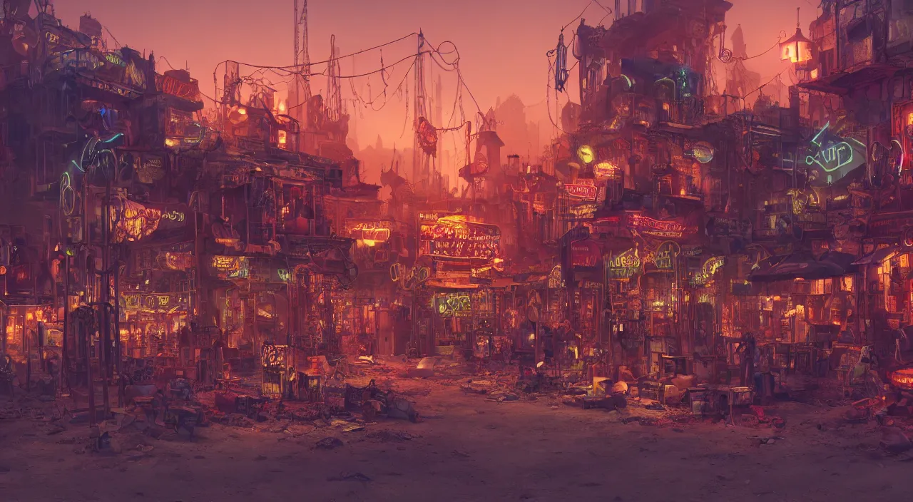 Image similar to a steampunk village in the desert at night, junk everywhere, neon lights, neon signs, magical atmosphere, mist, steam, photo realistic, 35mm, Matte painting, octane render, 8k, corona render, movie concept art by albert kiefer