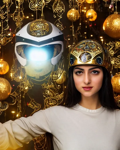 Image similar to centered medium shot fine studio photograph of a beautiful persian girl wearing a persian solarpunk electronic helmet with led lights decorated with golden ornaments, chest with mechanical parts, ultra-realistic, white background, 8k HDR dusk light, intricate detail