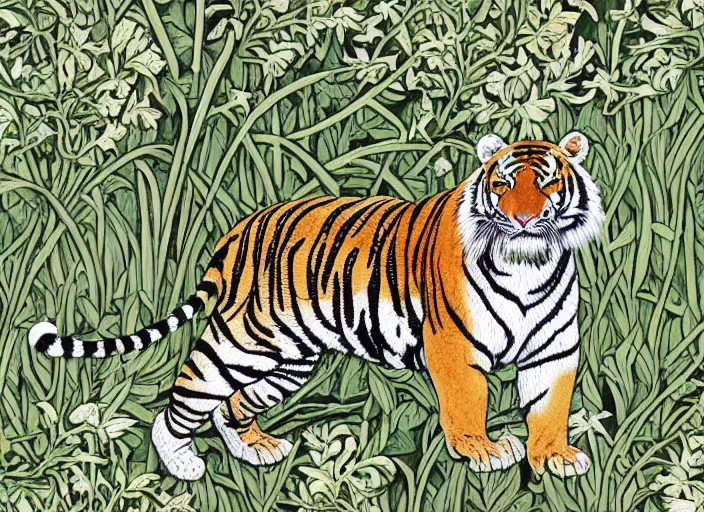 Prompt: a tiger in the centella asiatica in android jones and william morris style