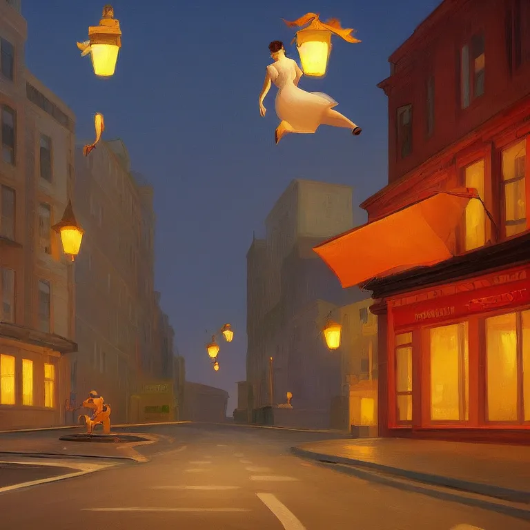 Prompt: a storybook illustration of a trash flying through empty street at night, fireflies, quiet night scene painted by Edward Hopper masterpiece, intricate, elegant, fantasy, highly detailed, digital painting, concept art, sharp focus, artstation