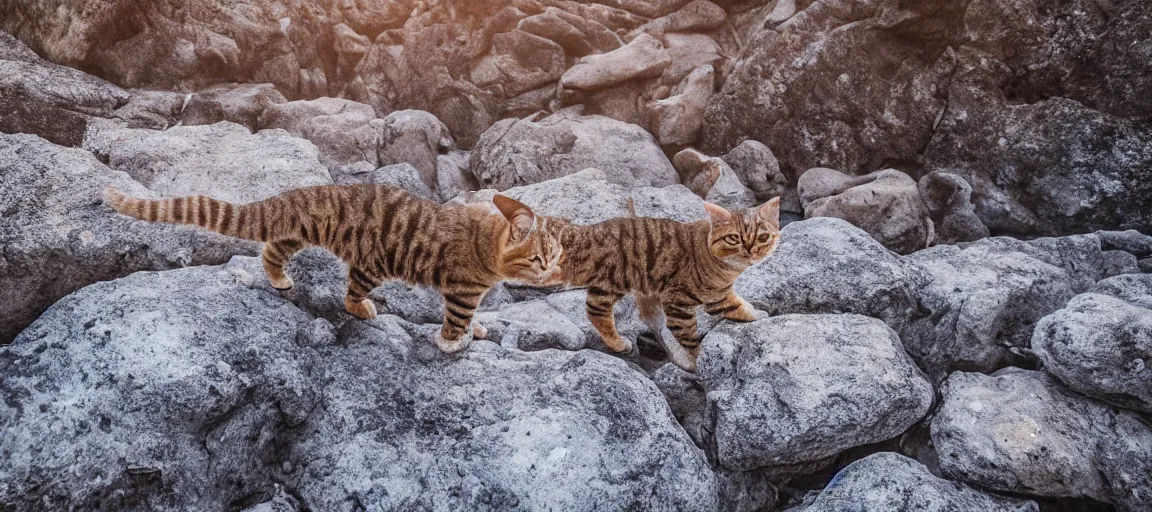 Prompt: a singular cat walking through rocks in a moutainous terrain at sunset, snow, cute, godrays, complementary colors, calm, relaxing, beautiful landscape, highly detailed, high quality, 4k HDR, natural lighting, close view, path tracing, orange palette, anatomically correct, hyperrealistic, low contrast